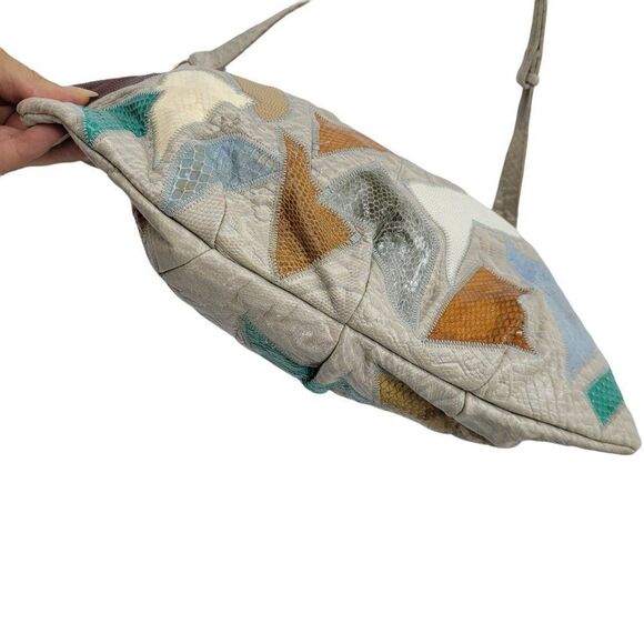 Vtg 80's Caprice Shoulder Bag Leather Boho Funky Patchwork Multicolor Large Gray - Picture 11 of 16